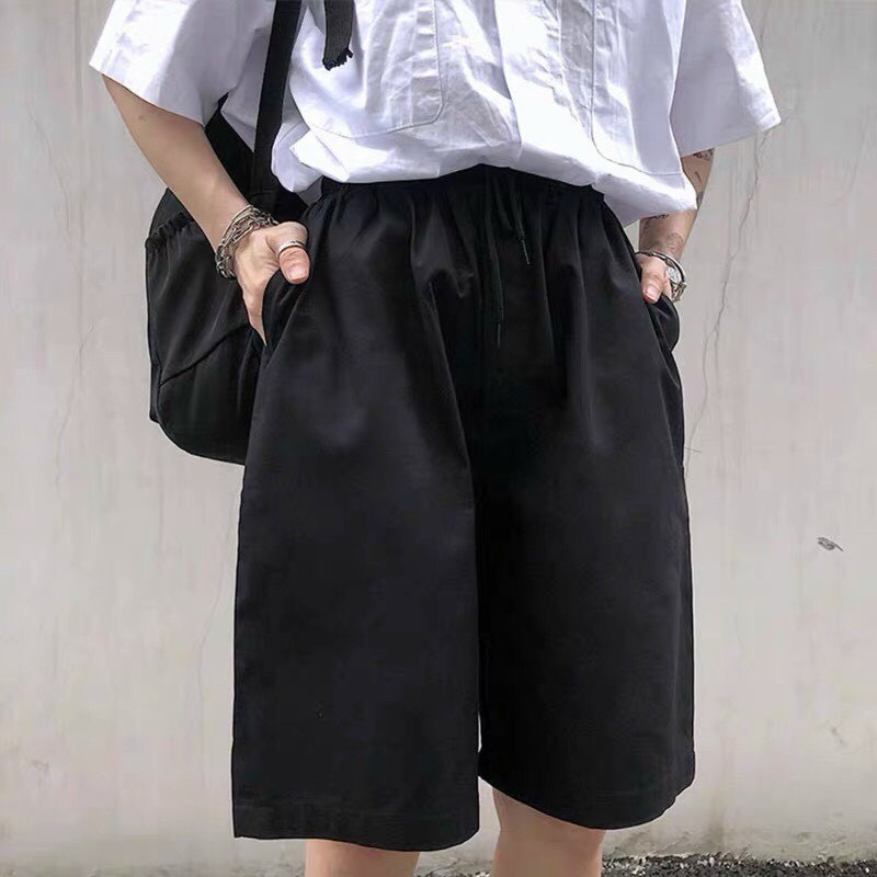Quần short kaki nam nữ basic quần đùi lưng thun unisex màu be và đen trơn ống rộng SIB022