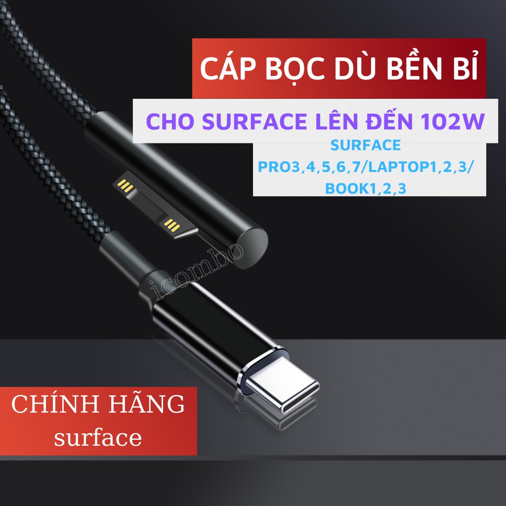 Cáp sạc type-c cho surface pro 3,4,5,6,7/ surface laptop 1,2,3/ surface book 1,2,3