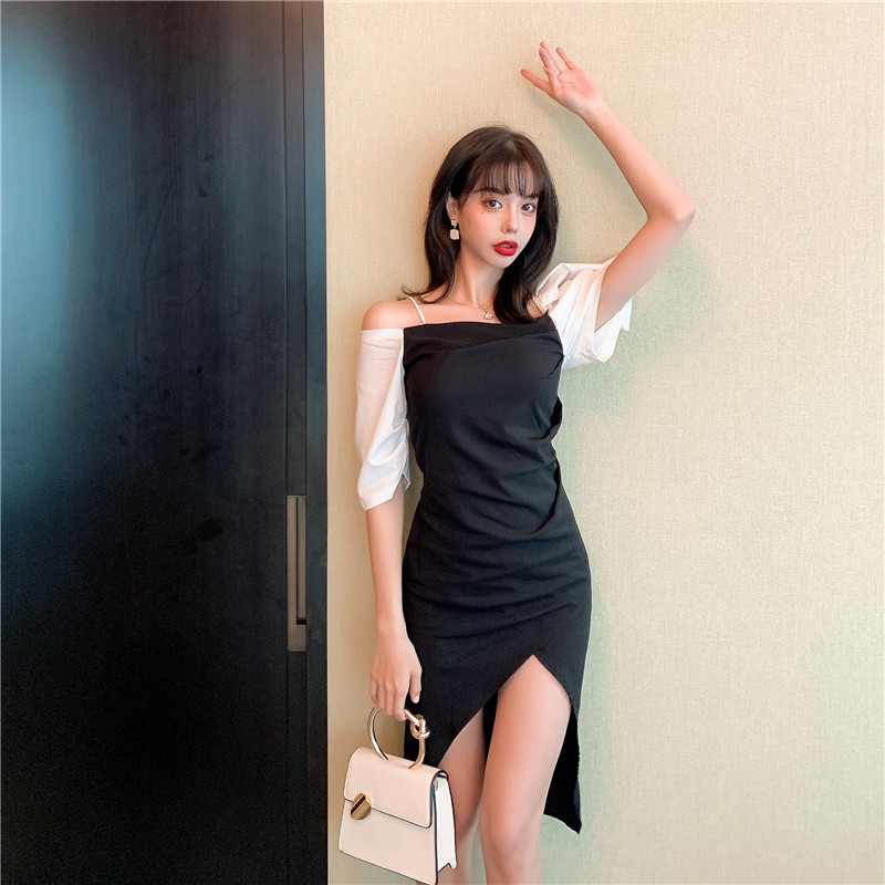 [CÓ SẴN] Váy body xẻ tà trễ vai tiểu thư retro Hàn Quốc