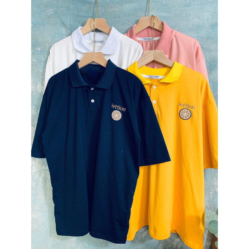 Áo thun polo phom rộng tay lỡ Unisex thêu trái cây