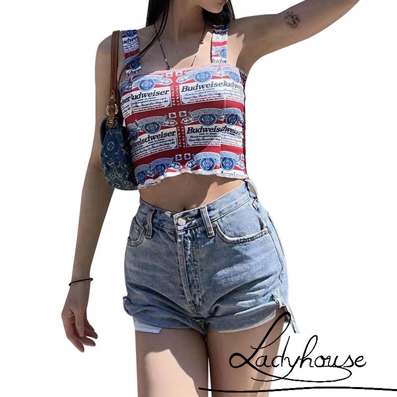 Áo Croptop Hai Dây Không Tay In Chữ Nhiều Màu Sắc Phong Cách Cổ Điển Thời Trang Mùa Hè Cho Nữ