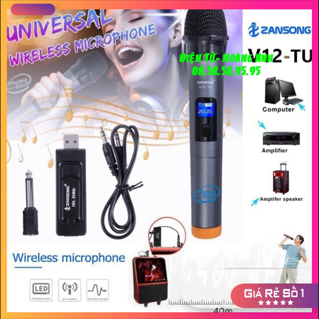 Micro Karaoke không dây V12+V10 cho loa kéo Daile / Aige / Zansong / Shuae V12 có màn hình LCD