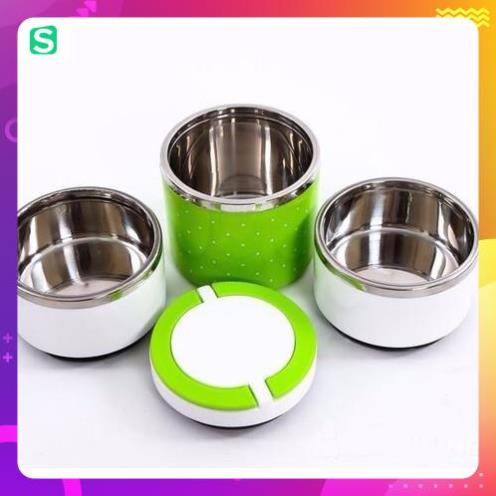 HỘP CƠM GIỮ NHIỆT CHẤM BI INOX 3 TẦNG LOẠI TỐT HÀNG CAO CẤP