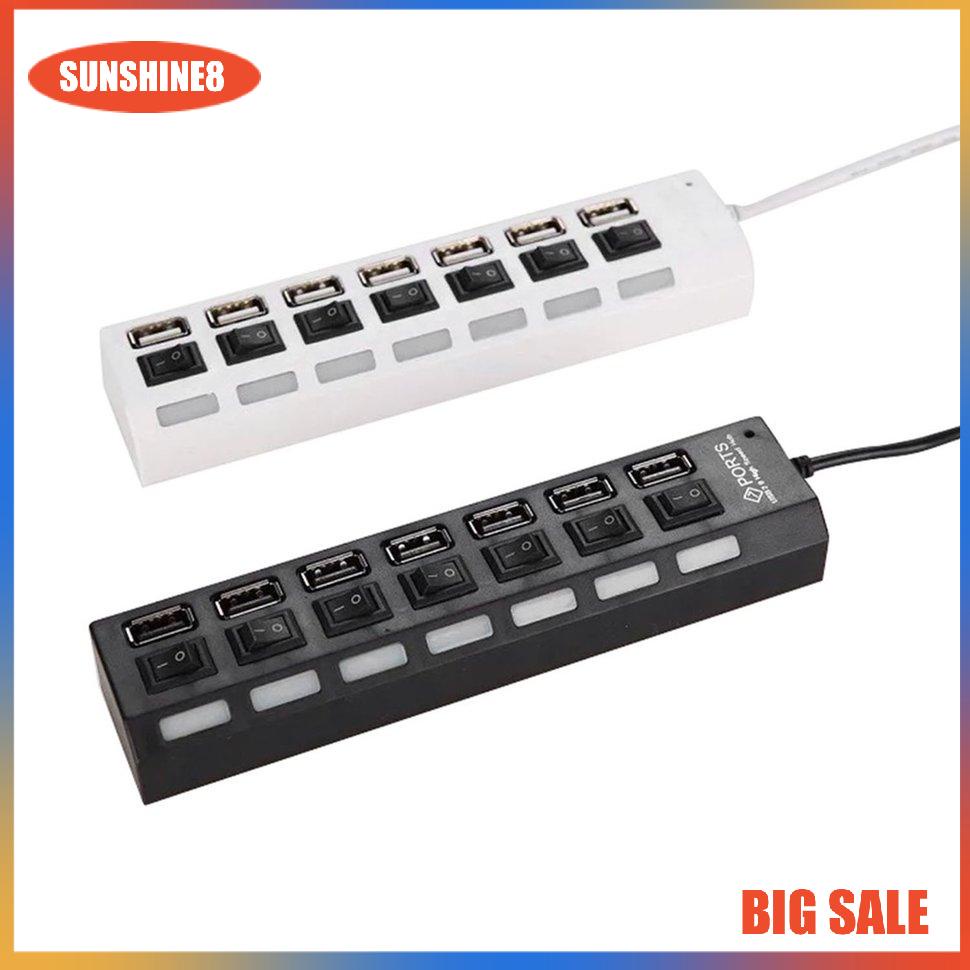 【SUN】7 cổng Thiết kế phổ quát Home Office LED USB 2.0 Adapter Charging Hub