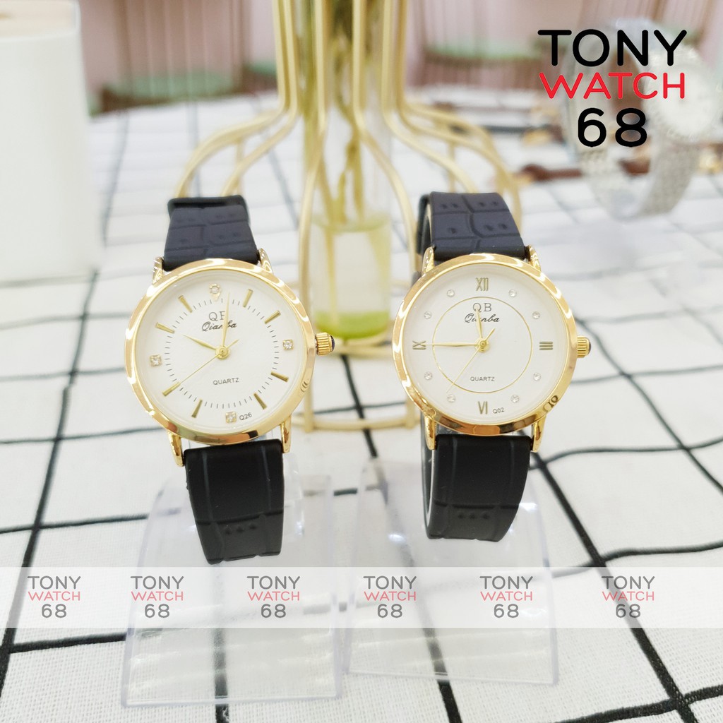 Cặp đồng hồ đôi nam nữ QB viền mạ vàng dây cao su siêu bền chính hãng Shop