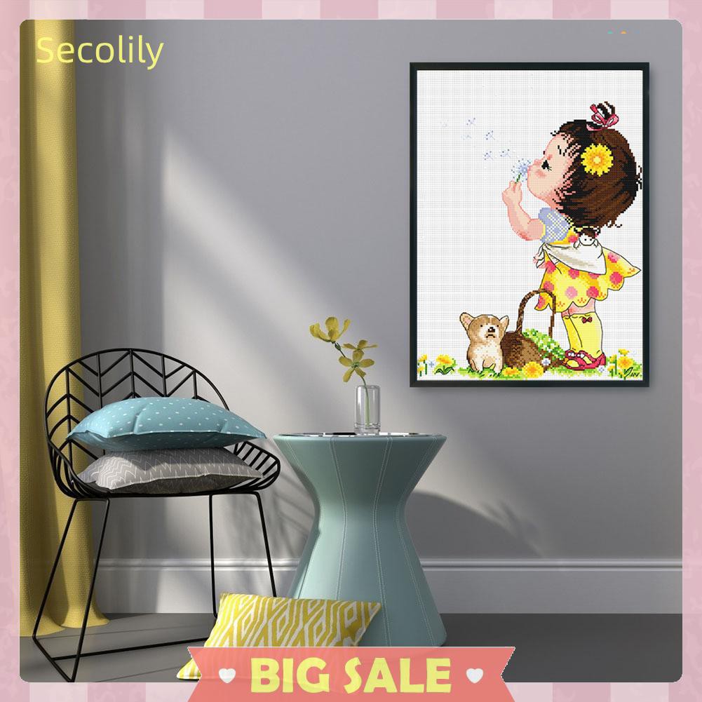 Tranh vải canvas thêu chữ thập hình bé gái và động vật dễ thương trang trí nhà ở 11Ct