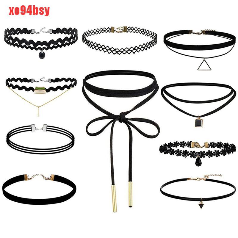 [xo94bsy]10 Pieces Choker Necklace Black Classic Velvet Stretch Gothic Tattoo Necklace