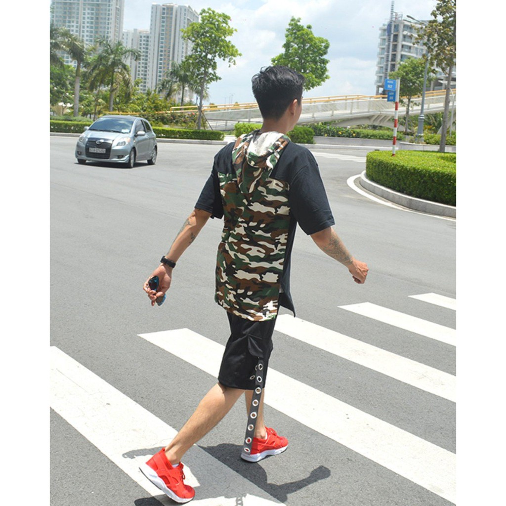 Áo thun Hoodie Tay lỡ mix Camo Unisex | BigBuy360 - bigbuy360.vn