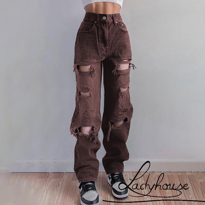 Quần jean dài ống rách lưng cao màu đen size S/M/L/XL thời trang xuân thu dành cho bạn nữ