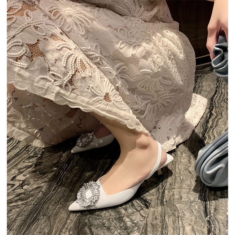 Giày cao gót nữ slingback 4p mũi nhọn đính đá tủa-có size lớn