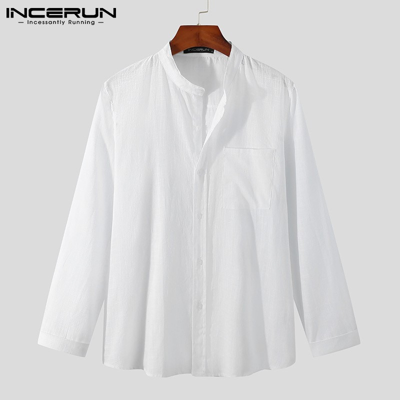 Áo sơ mi INCERUN cotton dài tay cổ đứng phối nút đơn giản thời trang dành cho nam
