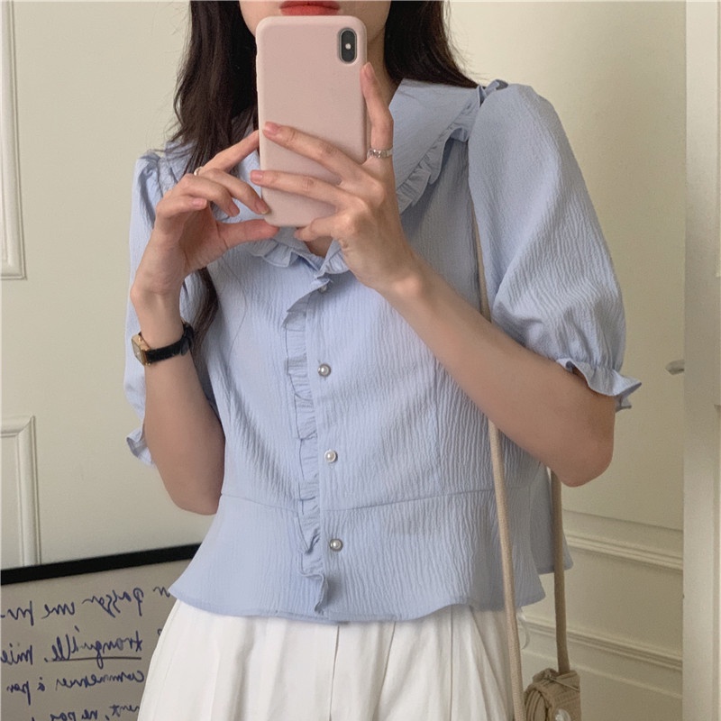 SUXI Áo Sơ Mi Tay Ngắn Cổ Chữ V Màu Sắc Đơn Giản Phong Cách Hàn Quốc Cho Nữ