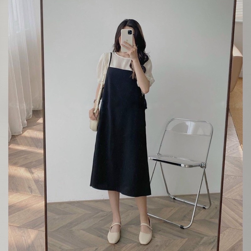 Set váy yếm 2s  dáng dài kèm áo sơ mi cộc tay chất xốp Ulzzang Vintage 2022