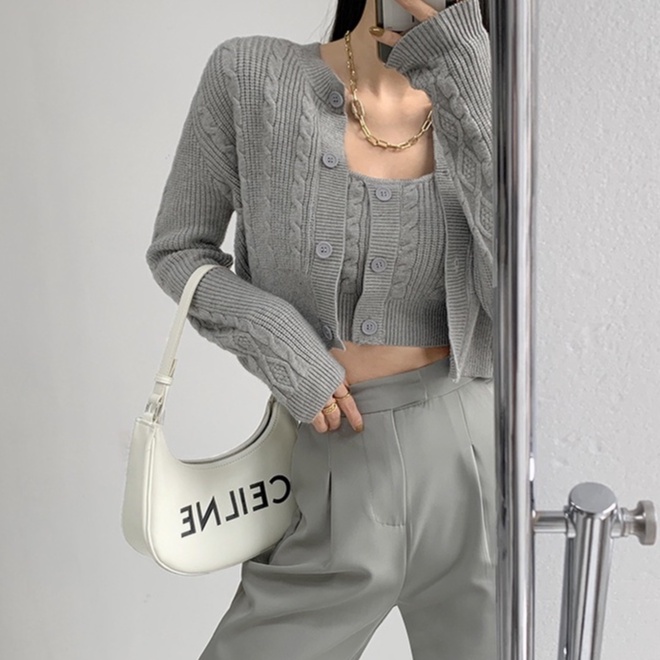 Porozi Set trang phục hai món  áo kiểu hai dây và áo khoác cardigan dệt kim phong cách Hàn Quốc thời trang dành cho nữ
