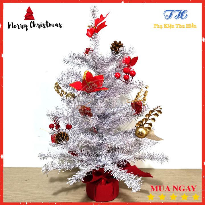 Cây thông noel mini để bàn 51cm màu trắng bạc đế nhựa bọc vải đỏ trang trí giáng sinh cho phòng khách, phòng ngủ