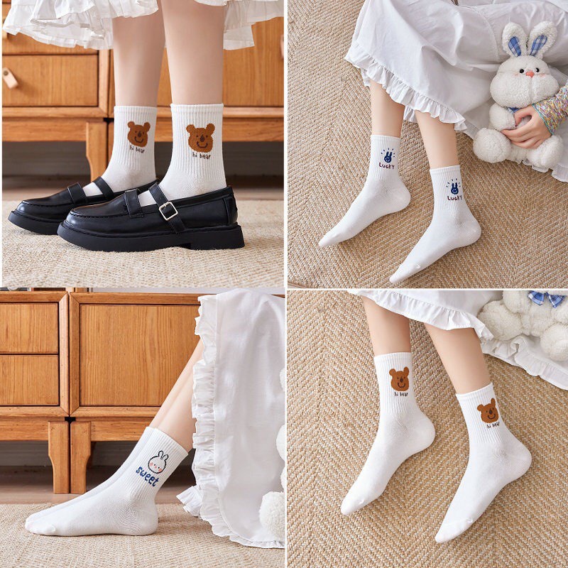 Combo 5 đôi tất,vớ nữ vải cotton in hình ngộ nghĩnh phong cách Hàn Quốc