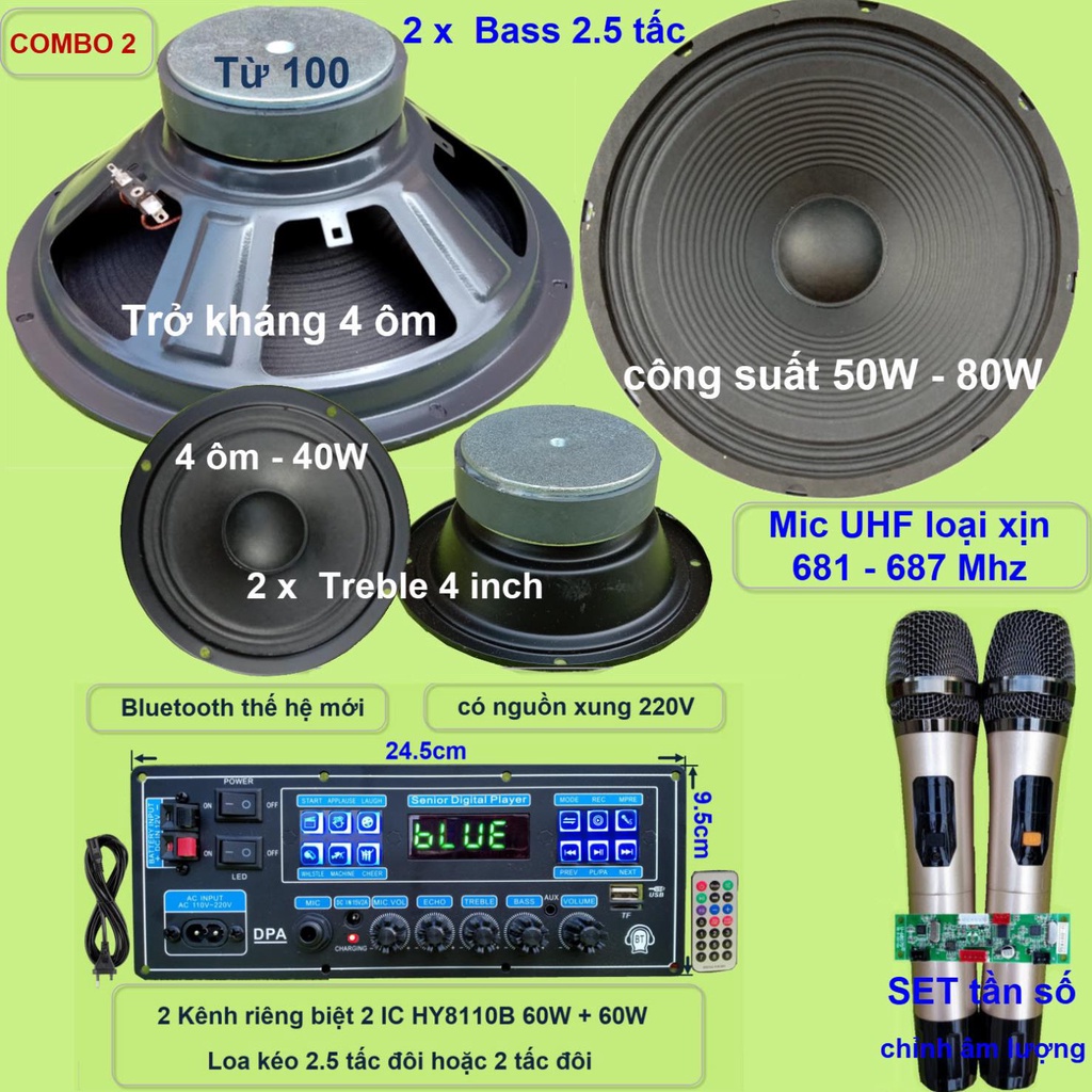 Combo loa kéo 2.5 tấc đôi HY8110B 130W - Karaoke có chống hú – chỉnh Bass Treble Micro – nguồn xung 220V – Guitar điện