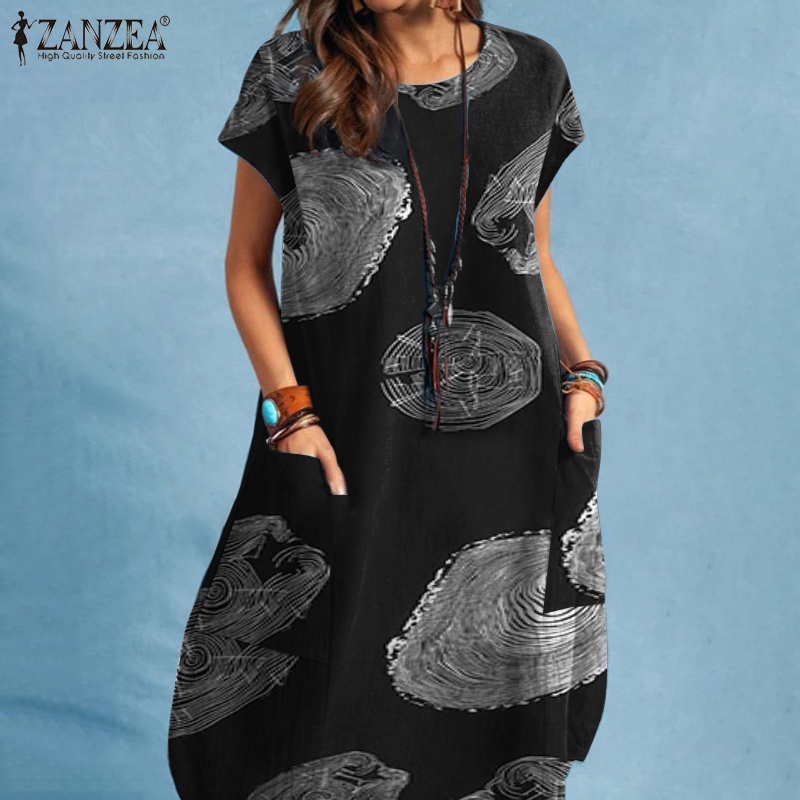 Đầm ZANZEA tay ngắn cổ tròn in họa tiết thời trang dành cho nữ