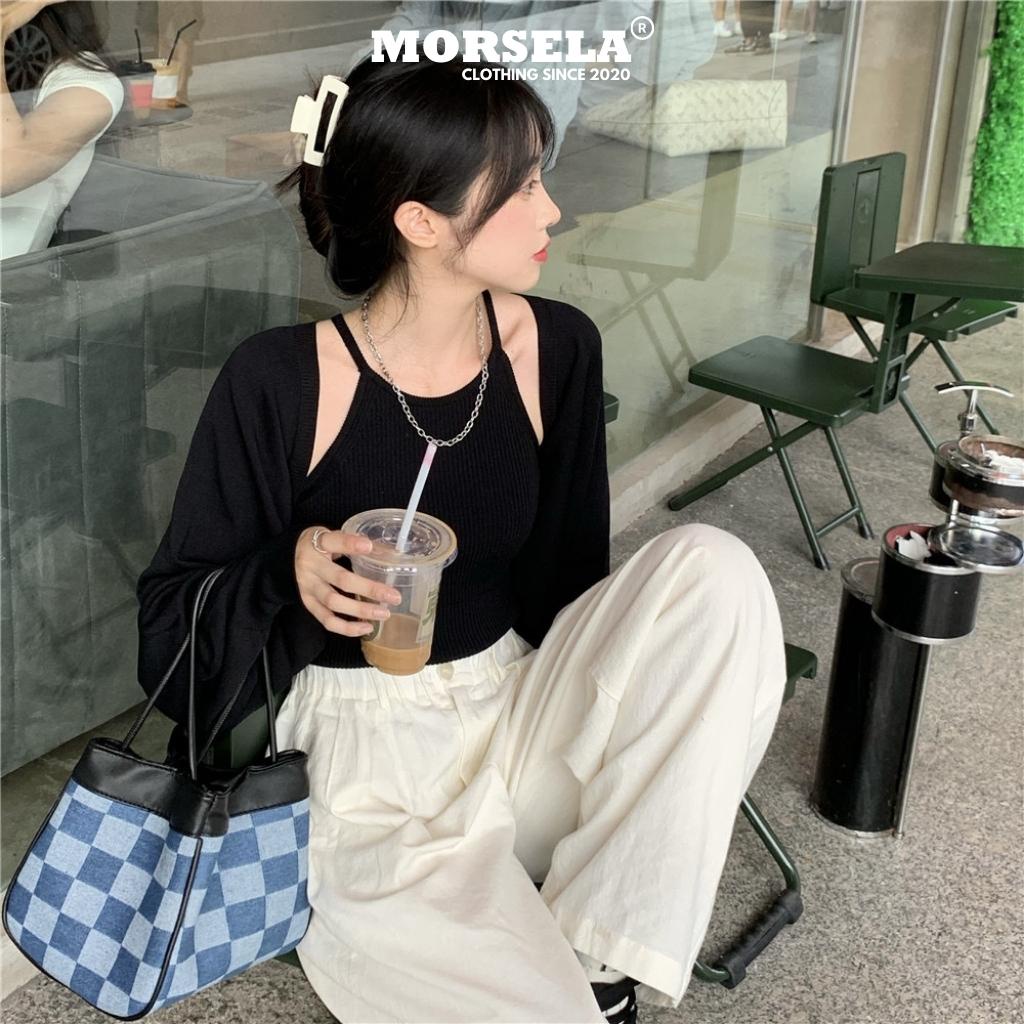 Set áo yếm GEO và áo khoác ngoài cardigan tay dài chất bo gân dày dặn phong cách Hàn Quốc - Morsela - SET01