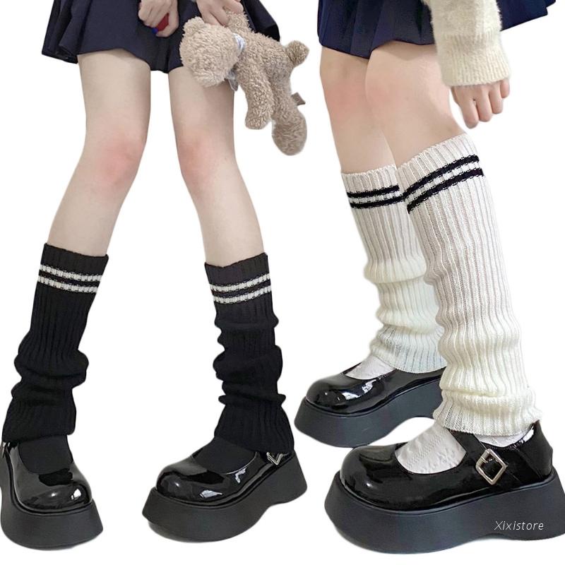 Vớ ống dệt kim sọc gân giữ ấm hai đường kẻ sọc phong cách Lolita kiểu đồng phục dành cho nữ sinh