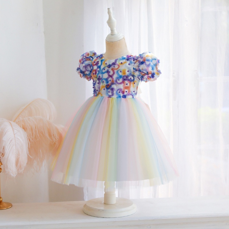 Đầm Xòe Tay Ngắn Phồng Đính Hạt / Hoa 3D Dành Cho Bé Gái Dự Tiệc Sinh Nhật