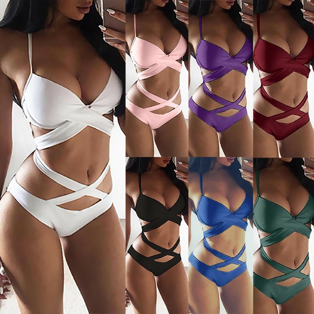 Bộ bikini thời trang biển màu trơn thiết kế quyến rũ cá tính cho nữ