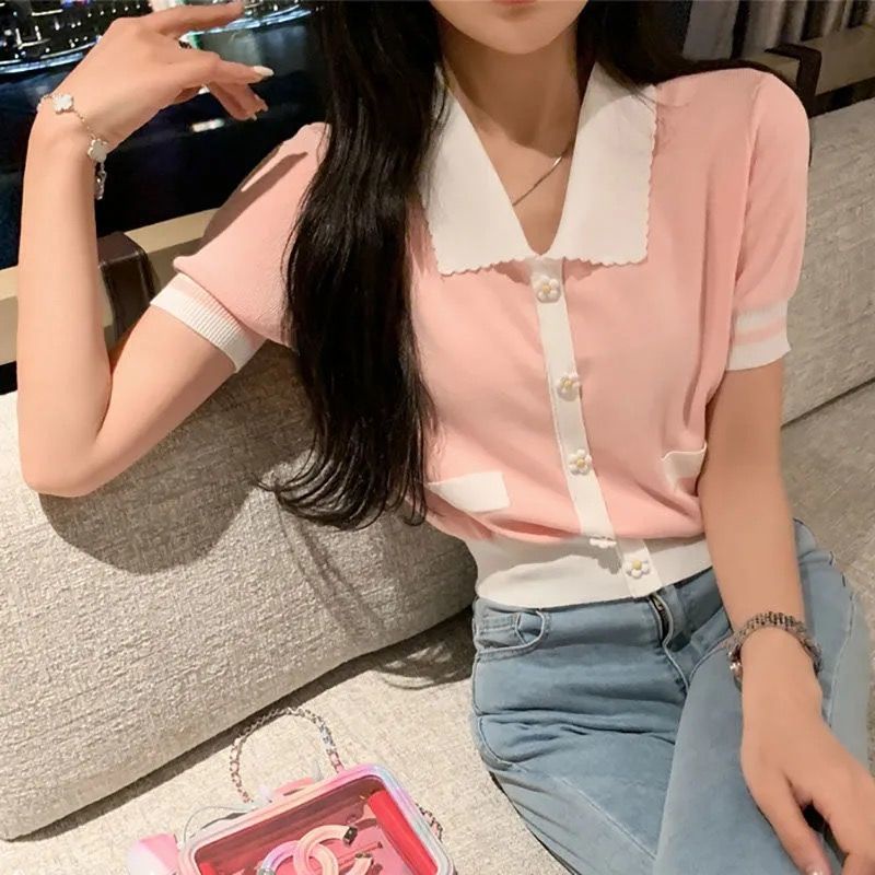 Áo Dệt Kim Tay Ngắn Cổ Búp Bê Màu Sắc Tương Phản Ngọt Ngào Thời Trang Cho Nữ  tao bao