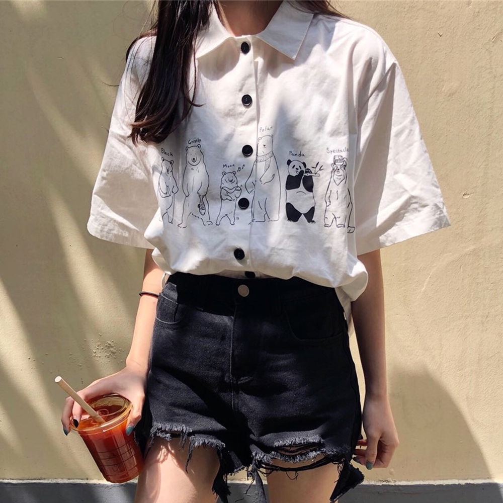 Áo sơ mi IELGY tay ngắn dáng rộng in họa tiết hoạt hình phong cách Hàn Quốc thời trang cho nữ