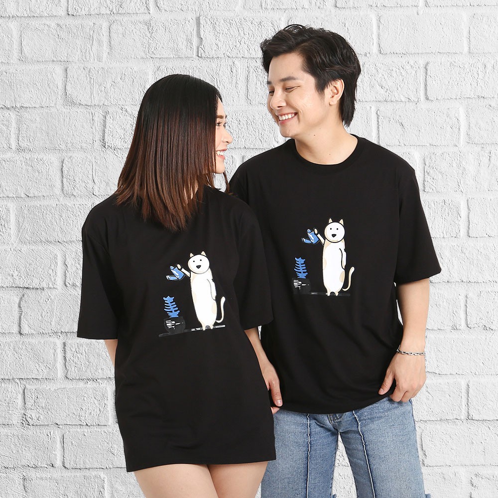 Áo thun tay lỡ phong cách unisex cổ tròn cho nam nữ in hình Mèo đẹp T20