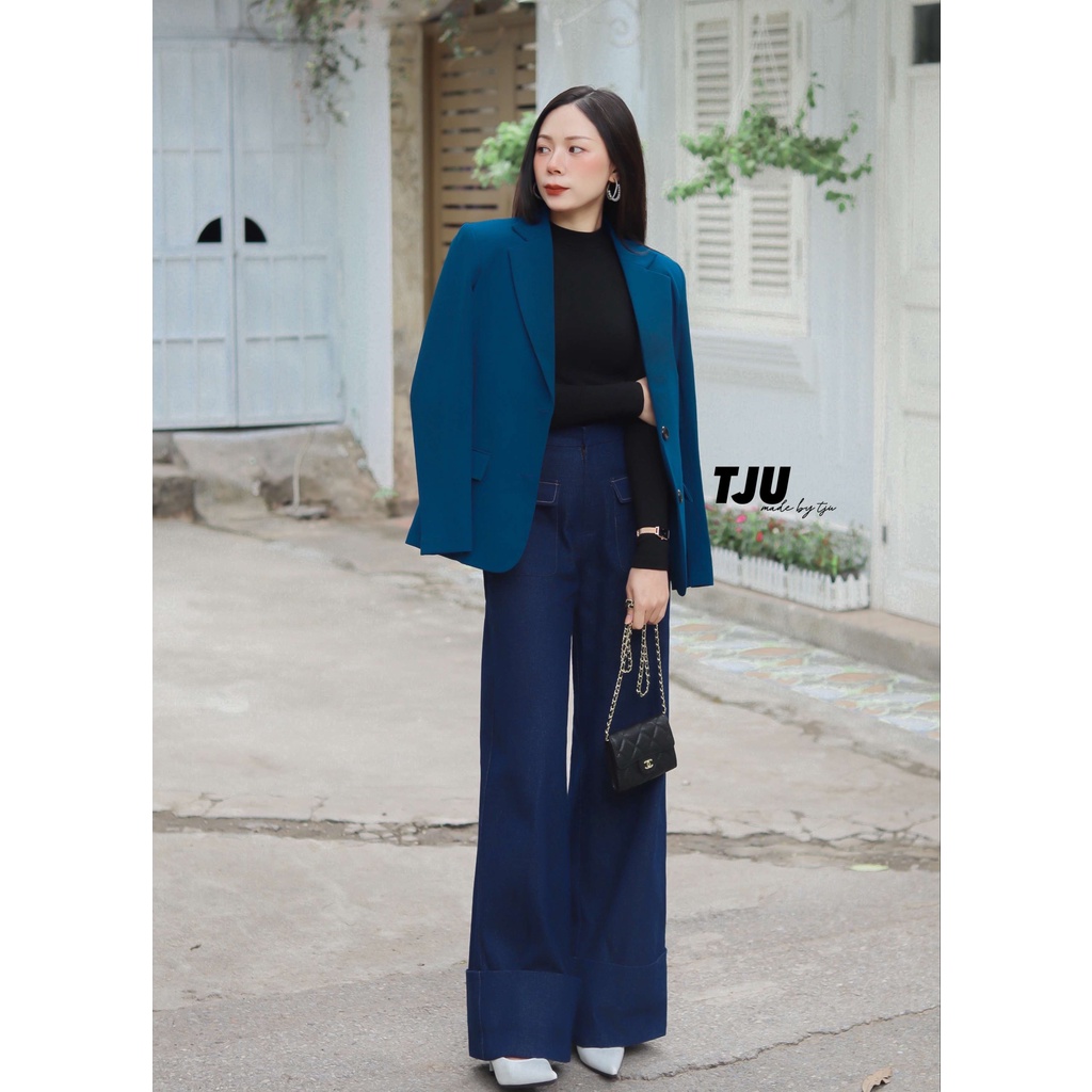 Quần jean nữ cạp cao ống rộng gấu gập phối 2 túi trước, Quần bò nữ ống rộng gập gấu ulzzang, thiết kế T-Ju (jeans cici)