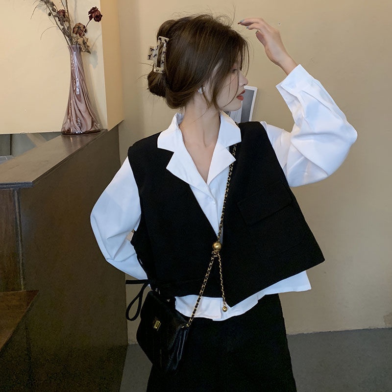 Set áo sơ mi tay dài và áo khoác không tay thiết kế mới thời trang theo phong cách vintage dành cho nữ