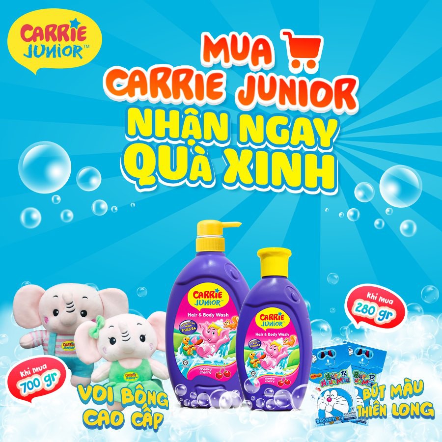 [Tặng Gấu Bông] Sữa Tắm Gội Carrie Junior Hương Cherry/ Sữa Milk/ Trái Cây Grapeberry 700g