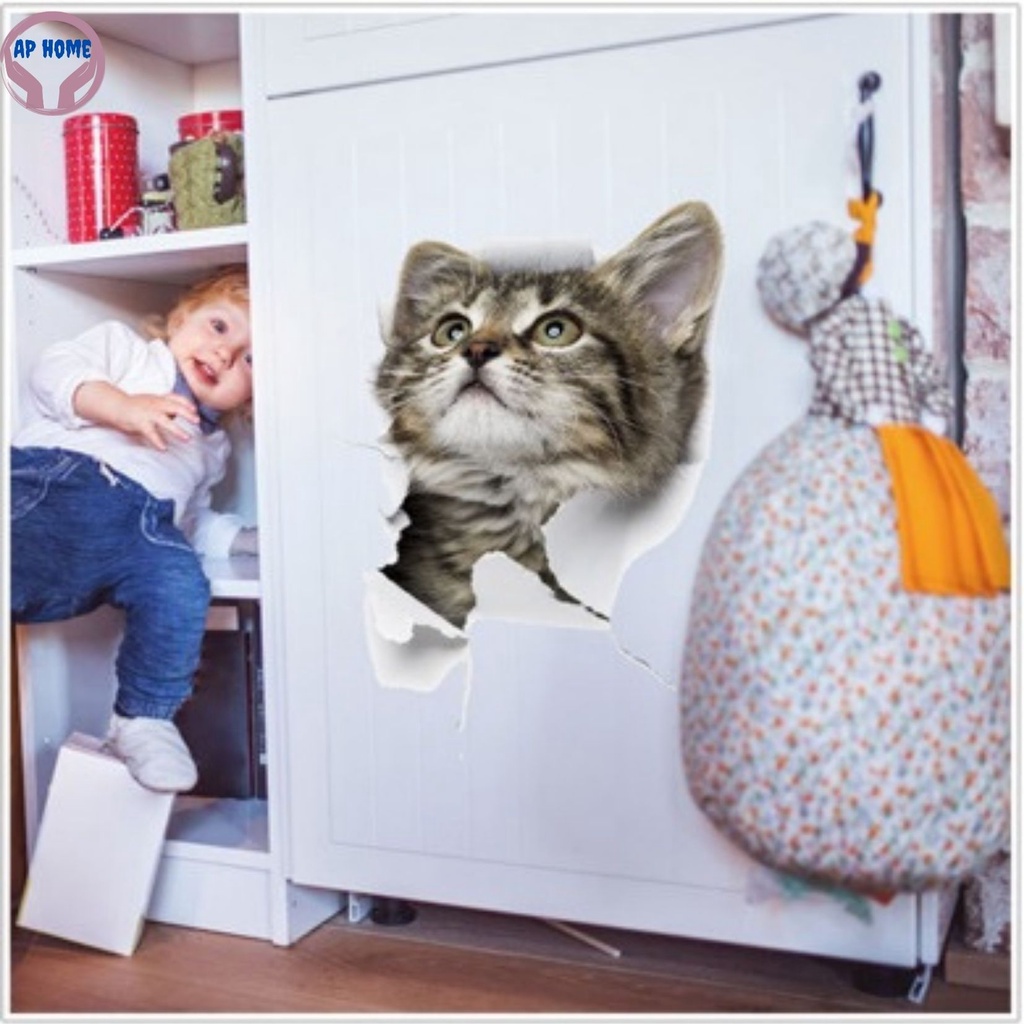Tranh mèo 3D sống động decal dán xe hơi laptop toilet trang trí nhà cửa bằng sticker
