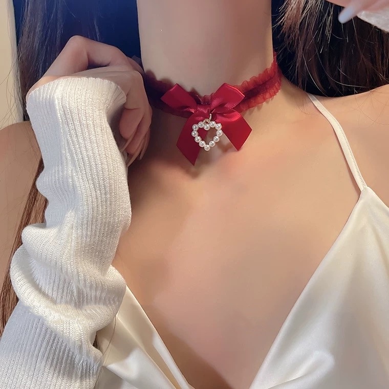 Vòng Cổ choker Dây Xích Mặt Nơ Đen Đính Ngọc Trai Cho Nữ