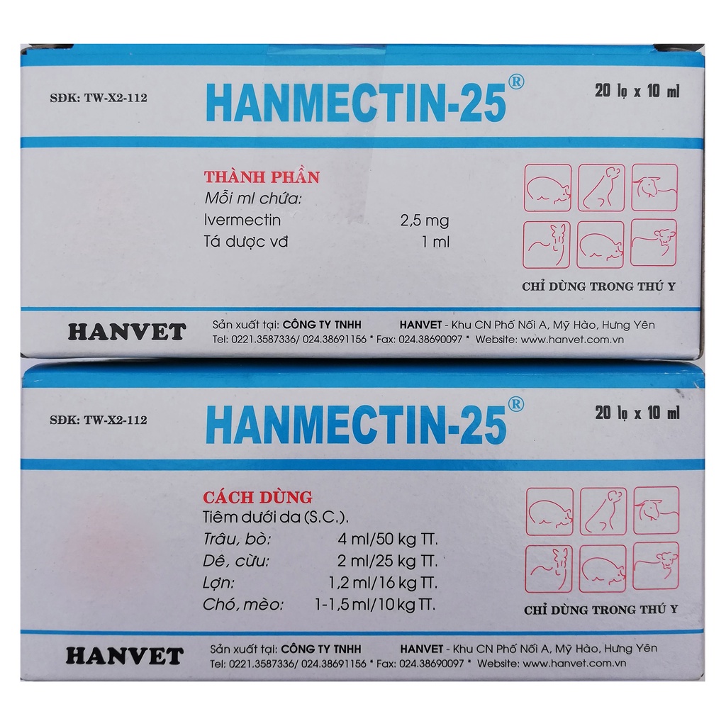 5 lọ Hanmectin 25   10ml Hàng việt nam dùng tốt cho trâu, bò, lợn, dê, cừu, chó, mèo, thỏ