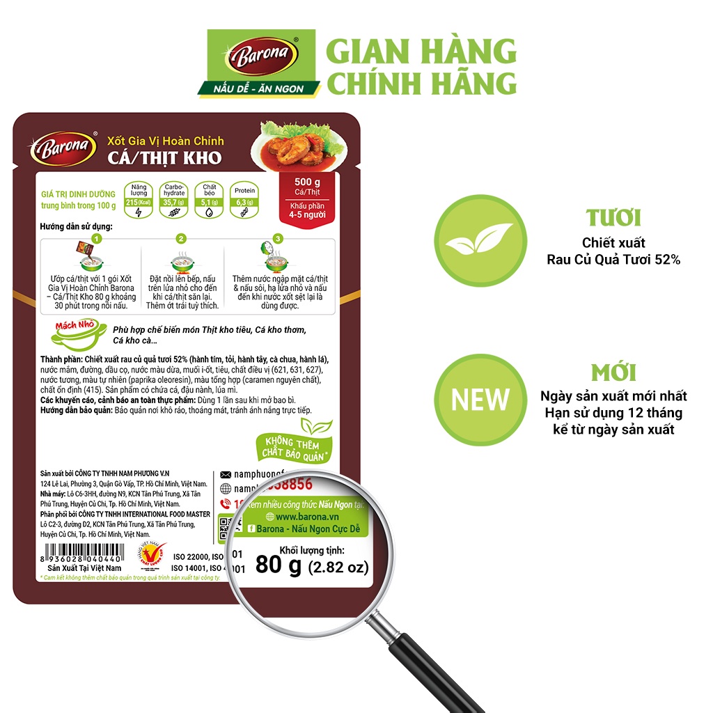Combo 1 hộp  Gia Vị Cá/ Thịt Kho Barona 80g ướp ngon chuẩn vị không cần nêm nếm