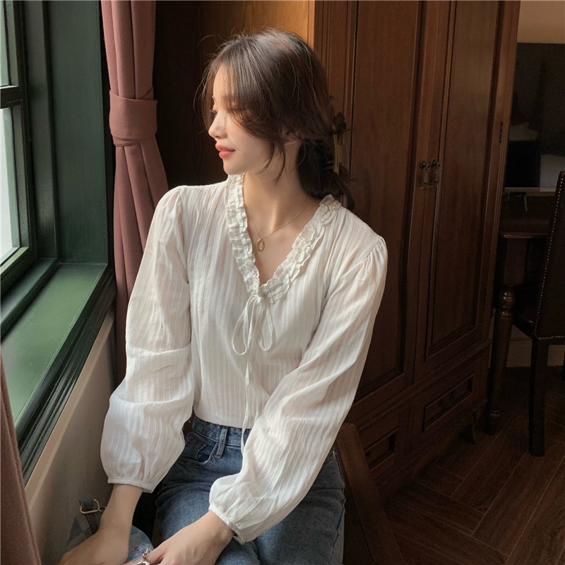 SUXI Áo Sơ Mi Trắng Tay Dài Cổ Chữ V Dáng Rộng Phong Cách Hàn Quốc Thời Trang Mùa Thu Cho Nữ