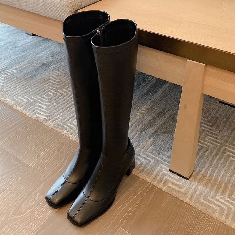 Giày boots cao gót cổ lửng ôm bắp chân nhỏ mũi vuông thon gọn da bóng da lì 7cm khóa bên