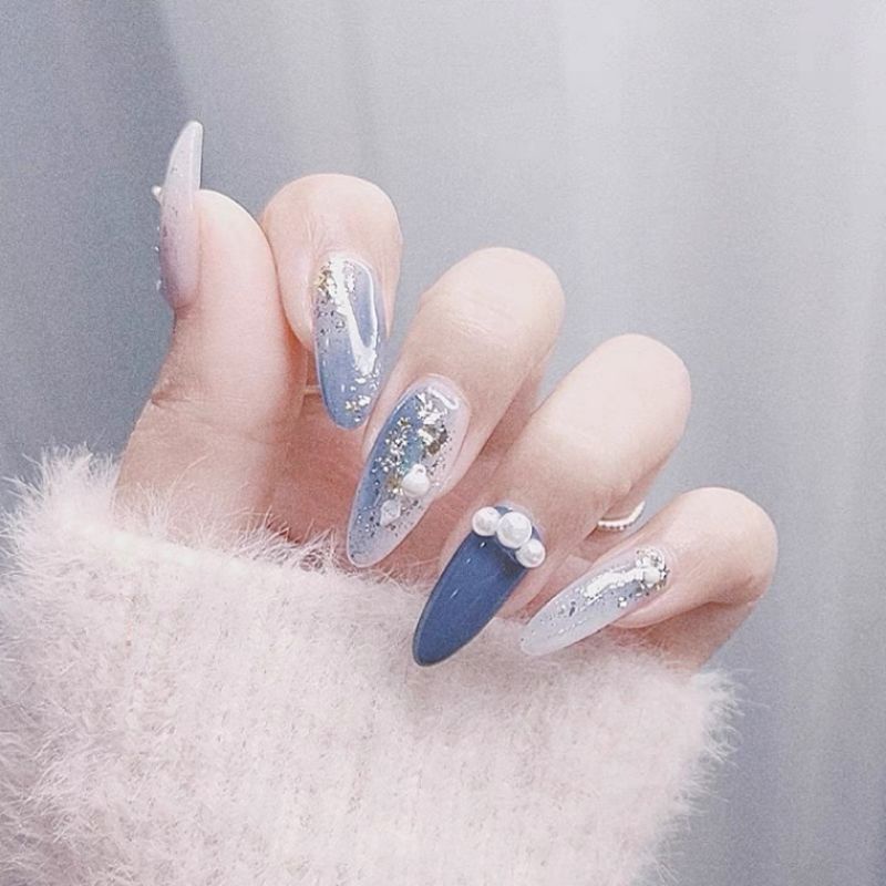 Bling Nail - Móng úp thủ công xanh ngọc đính hạt N102