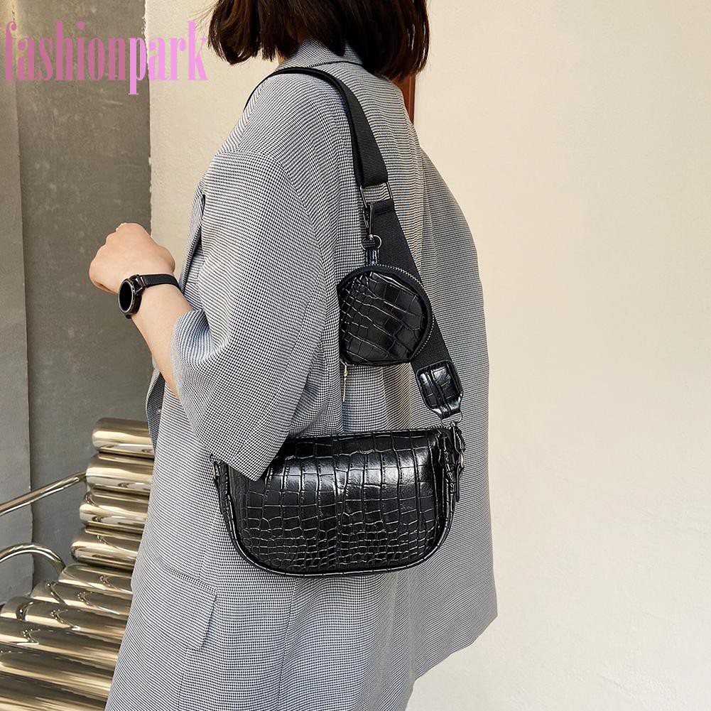 (FAS)Retro Women Pure Color Alligator Pattern Shoulder Bag Purse Composite Bags