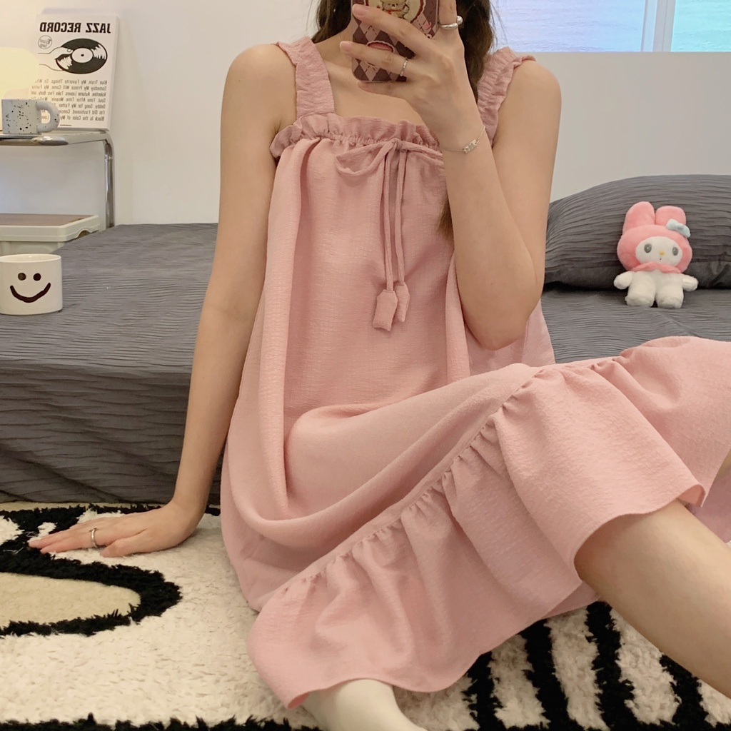 HÀNG SẴN_CÓ BIGSIZE _Đầm Ngủ Hai Dây Cotton Lanh Xốp Basic Hè 2022 | BigBuy360 - bigbuy360.vn