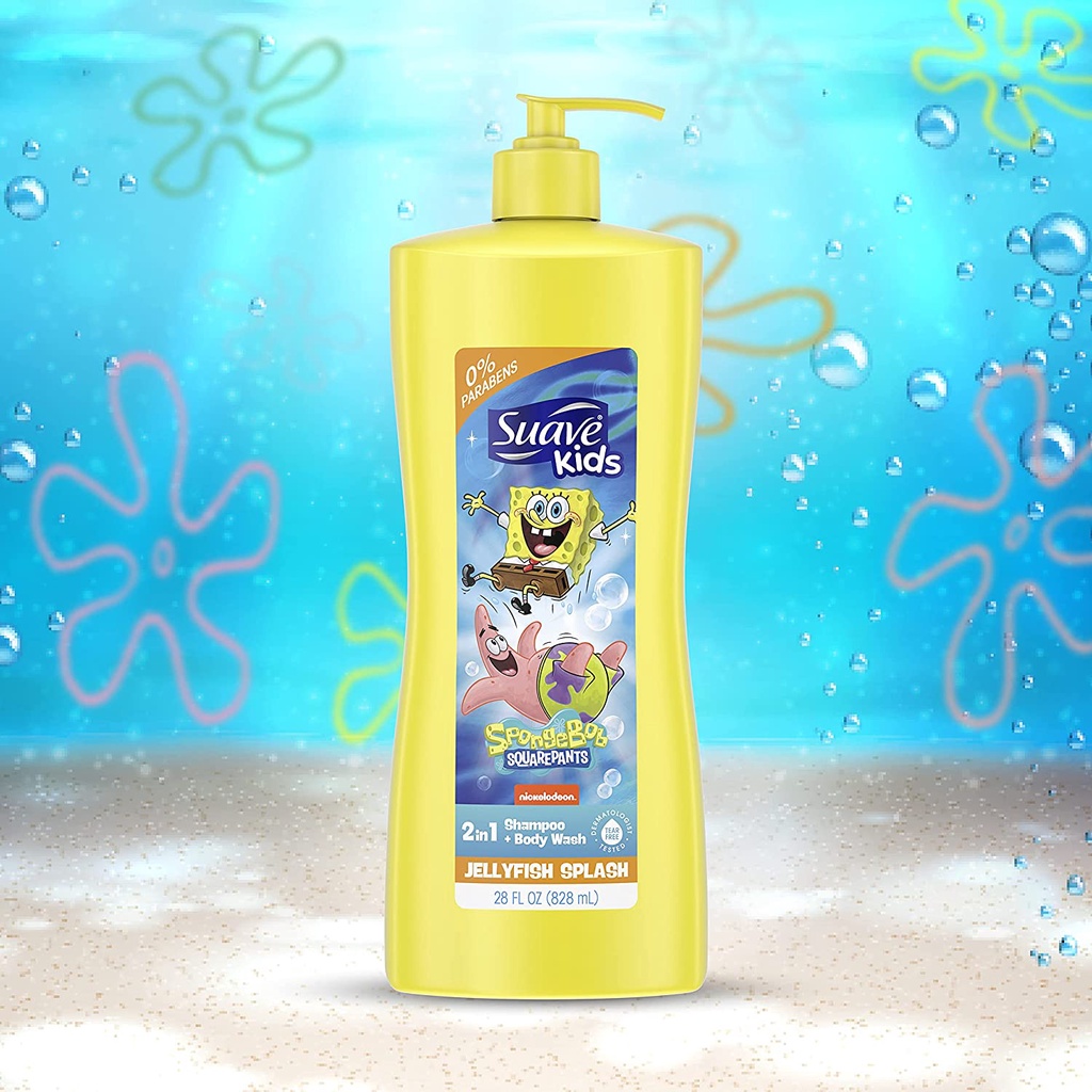 Sữa tắm &amp; dầu gội 2 trong 1 cho trẻ em Suave Kids 2in1 Shampoo &amp; Body Wash for Kids Nickelodeon Spongebob 828ml (Mỹ)