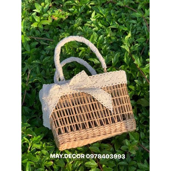 Túi cói đan song thưa đính nơ ren kt12x17