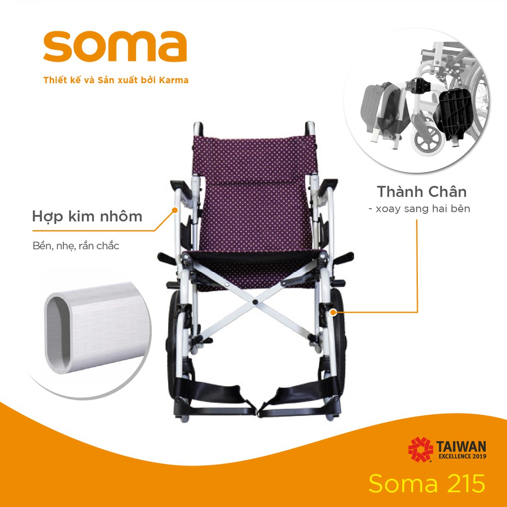 [Chính Hãng KARMA] Xe Lăn SOMA 215 Gọn Nhẹ Chỉ 9.9KG Có Thiết Kế Hỗ Trợ Sang Xe An Toàn