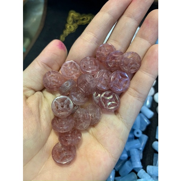 Vòng đeo tay dây cáp Đồng xu mix Đồng Điếu đá TA dâu hồng