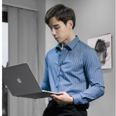 Áo Sơ Mi Nam Bamboo Kẻ Sọc CEFFYLO Màu Xanh Đá Vải Sợi Tre Thoáng Mát Form Slimfit Thanh Lịch Hiện Đại.