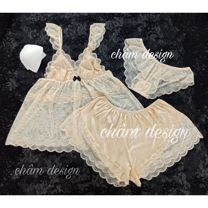 bộ 2 dây tay ren màu kem vàng sang chảnh quần là lụa satin mềm mịn, hàng thiết kế độc quyền