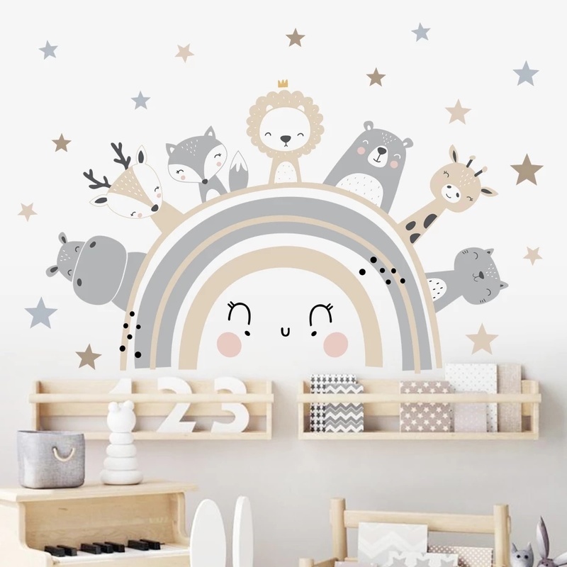 Sticker Dán Tường Họa Tiết Động Vật Cầu Vồng Hoạt Hình Vui Nhộn Để Trang Trí Phòng Bé