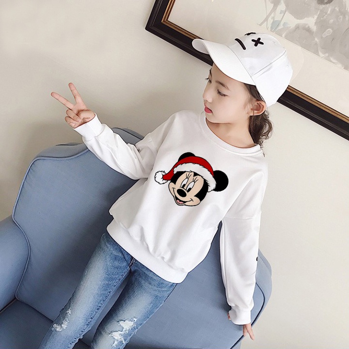 Áo Thun Trẻ Em Tay Dài Bo Màu Trắng In Hình Con Chuột Nón Đỏ DLX