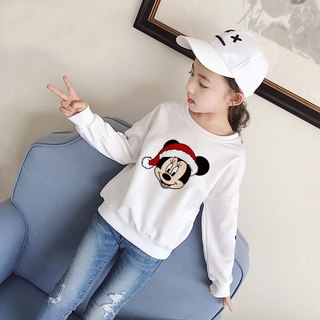 Áo Thun Trẻ Em Tay Dài Bo Màu Trắng In Hình Con Chuột Nón Đỏ DLX